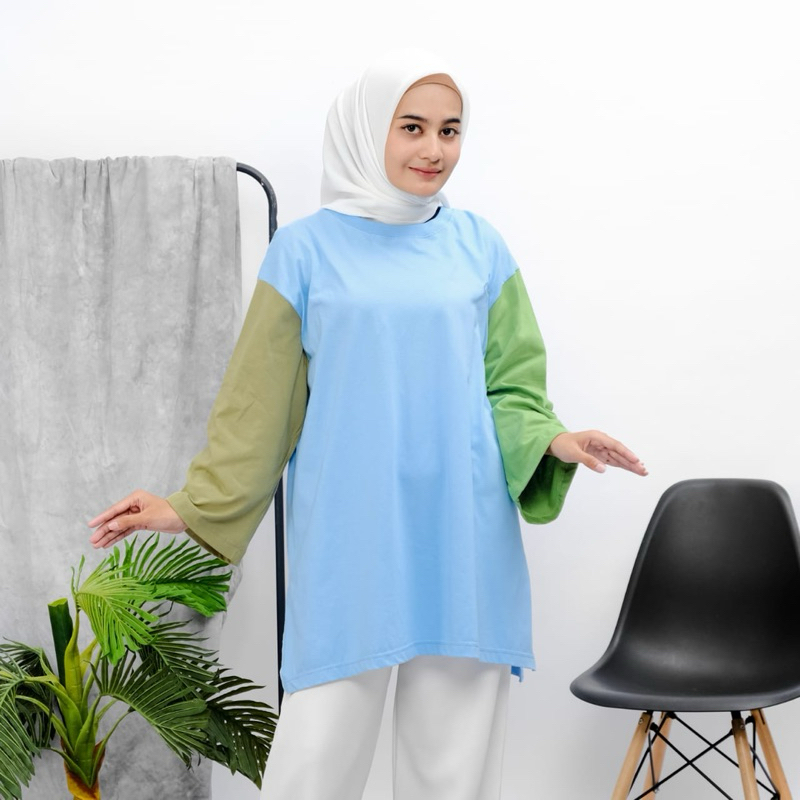 Kaos Tunik Oversized Aplikasi Warna, Atasan Tunik Wanita, Tunik Lengan Panjang, Kaos Tunik Polos, Tu
