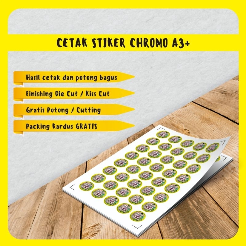 

Print Stiker Chromo A3+ Murah cetak Label kemasan Free Cutting Packing Rapih