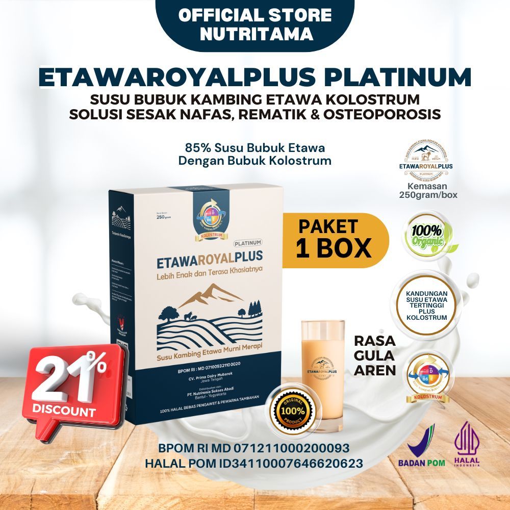 

Susu Kambing ETAWAROYALPLUS Platinum - Untuk Sesak Nafas dan Nyeri Dada - Kemasan 250gr Rasa Gula Aren Paket 1 Box