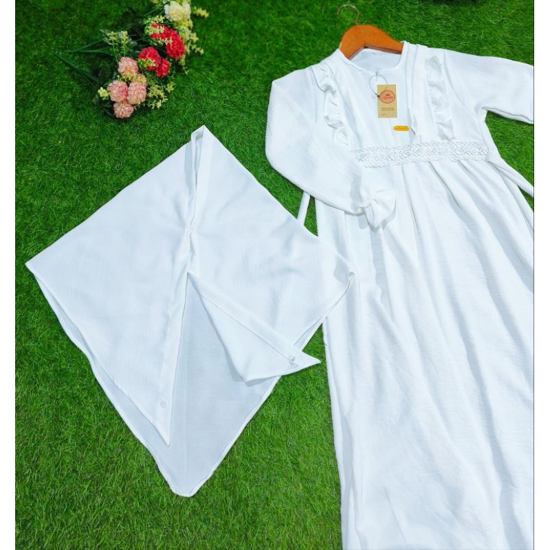 Gamis anak perempuan set hijab rempel dada renda katun adem 3-14 tahun remaja tanggung