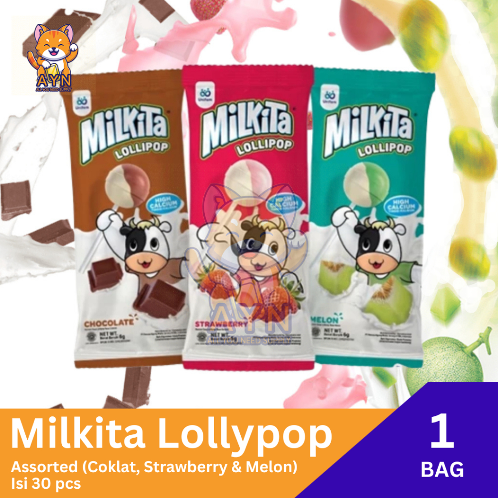 

Permen Milkita Lollipop Hanger Isi 30 pcs Rasa Assorted [ Coklat, Strawberry dan Melon ]