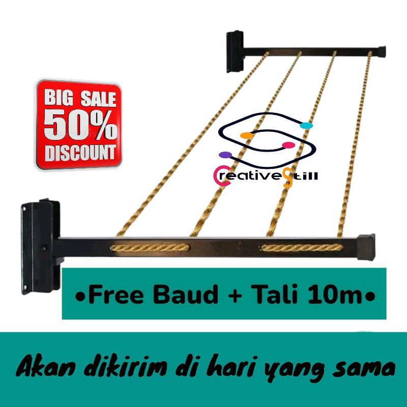 Jemuran Lipat Dinding + Tambang 10meter Alat Jemur loundry praktis free baud