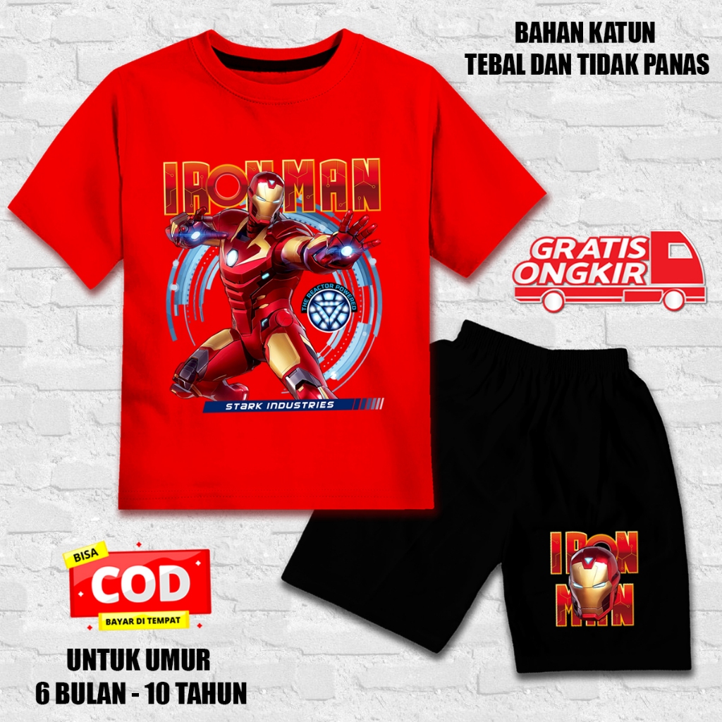 Setelan lengan pendek anak laki laki perempuan set kaos anak katun celana hitam iron man 1