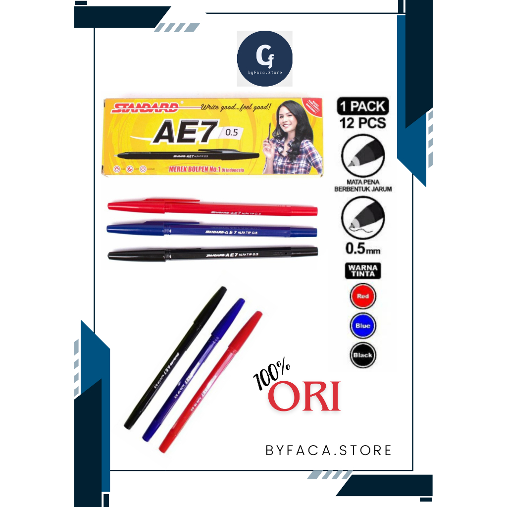 

[byFaca.Store] - Ecer dan grosir Bollpoint Standard-AE7 dengan varian warna Merah, Hitam, Biru/ Tebal 0.5 mm Murah