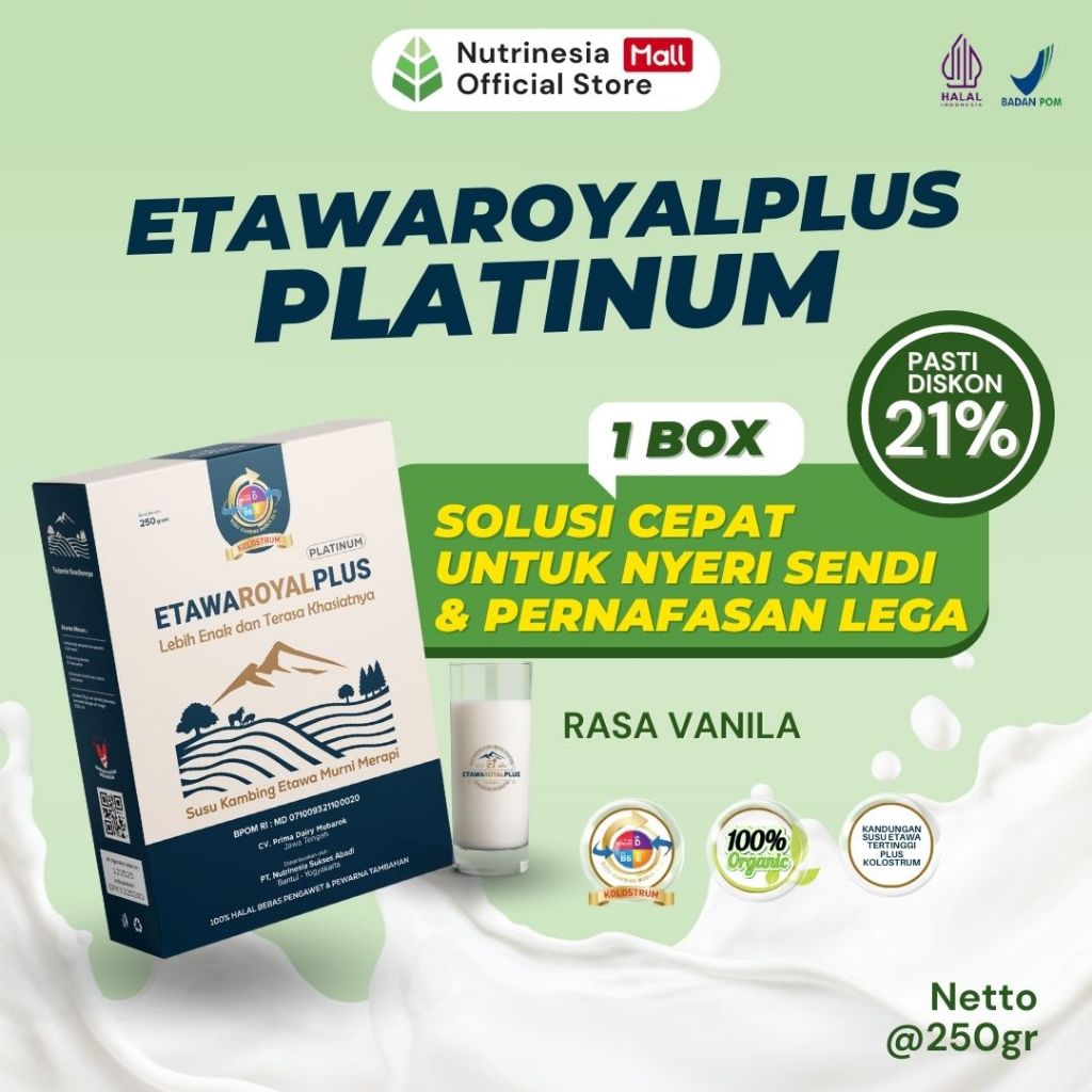 

Susu Kambing ETAWAROYALPLUS Platinum - Vanilla Untuk Sesak Nafas dan Nyeri Dada - Kemasan 250gr Paket 1 Box