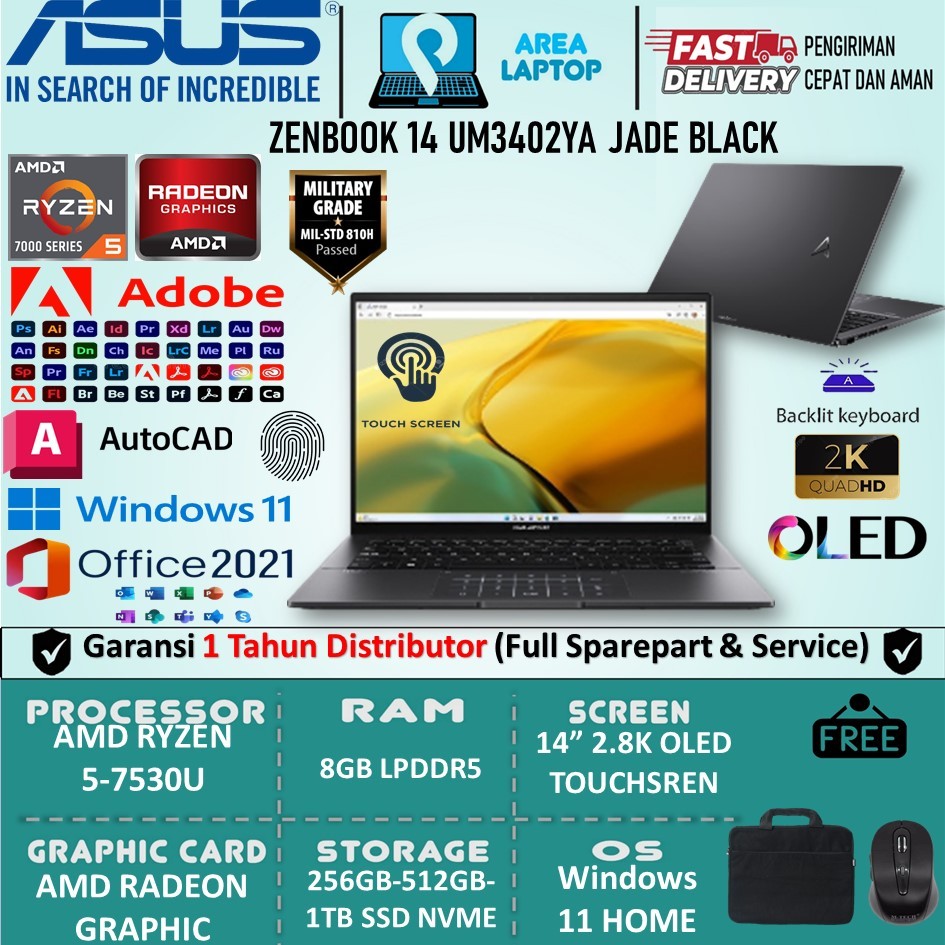 Laptop Touchsren Asus Zenbook 14 UM3402YA Ryzen 5 7530U 8GB DDR5 1TB SSD 2.8K OLED TOUCH Win11 Home