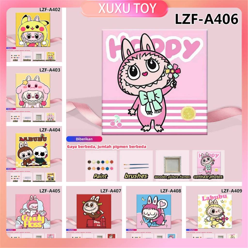 

XUXU TOY 20x20cm LABUBU Paint By Number Kit Kartun DIY Painting Kit Canvas Paint By Number Digital Melukis