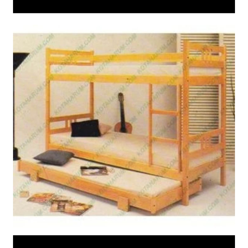 Ranjang kayu ramin susun tingkat + ranjang sorong bandung (tnp kasur)