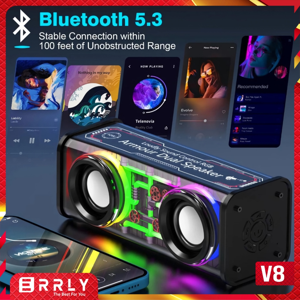 Speaker V8 ARMOUR Bluetooth V8 TWS Wireless v5.3 Dual Subwoofer 10W BASS RGB LED Light Transparent