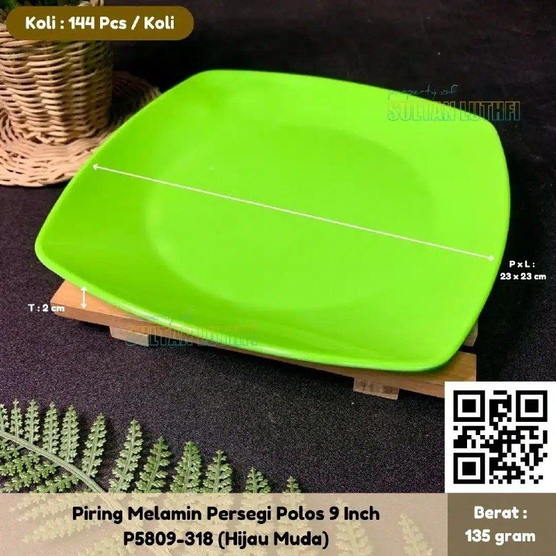 Piring Melamin Kotak 9 Inch / Piring Melamin kotak Persegi Hijau / Piring Melamin Tahan Panas
