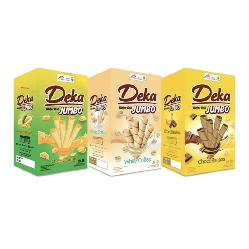 

Deka Wafer Roll Jumbo 1 Box Varian Cheesy Durian, White Coffee, Choco Banana