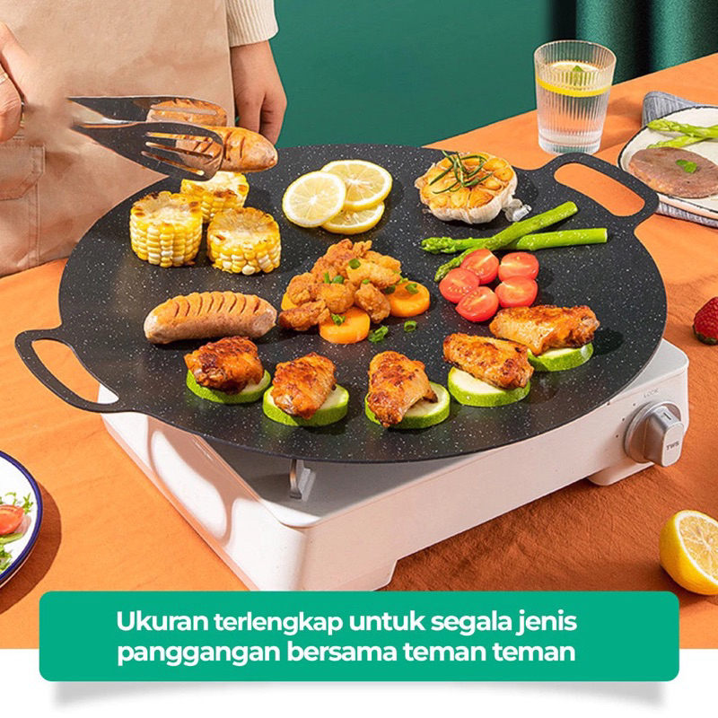 Panci Teflon Wajan Konduksi Serbaguna Multi Grill Pan BBQ Bakar Bulat Korean Plate Daging Steak Beef