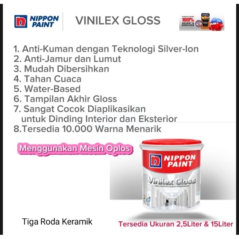 cat tembok/cat glossy/cat luar & dalam/vinilex gloss 12 liter Nippon Paint (FREE PACKING KAYU)