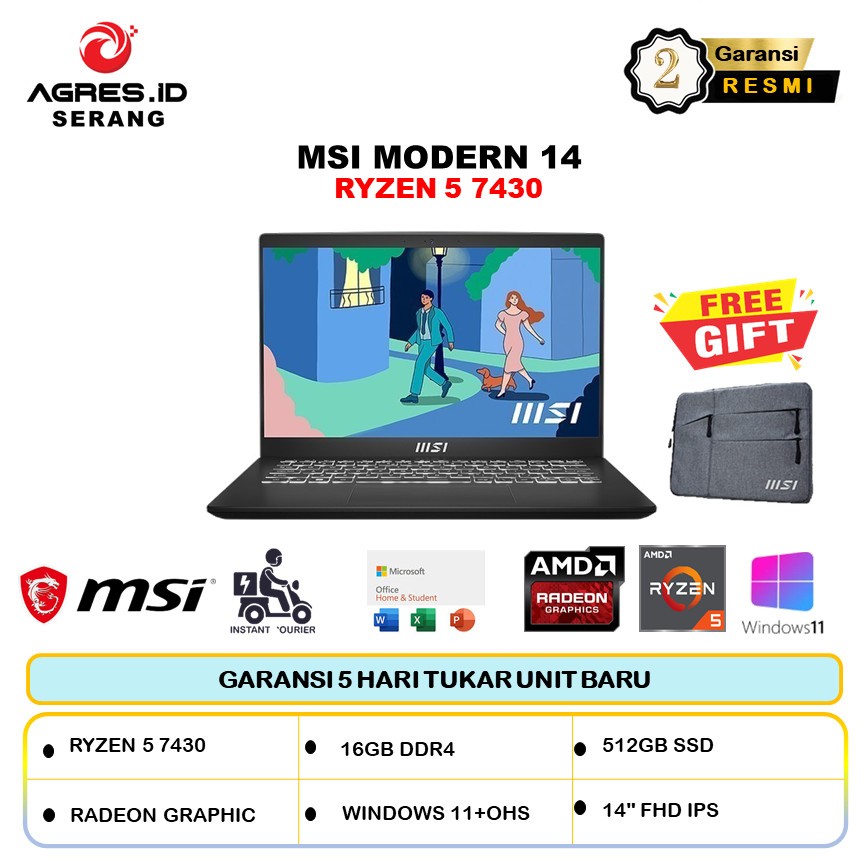 MSI Modern 14 Ryzen 5 7430 16GB 512GB W11+OHS 14.0FHD IPS BLIT