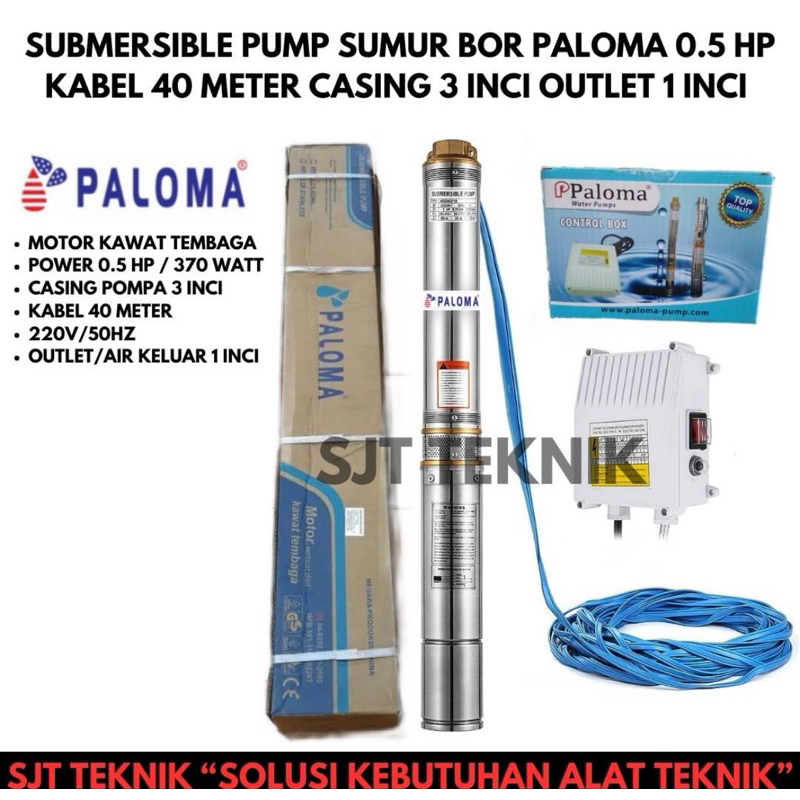 Pompa air reda satelite celup submersible pump sumur bor paloma 0.5 hp kabel 40 meter casing 3 inci