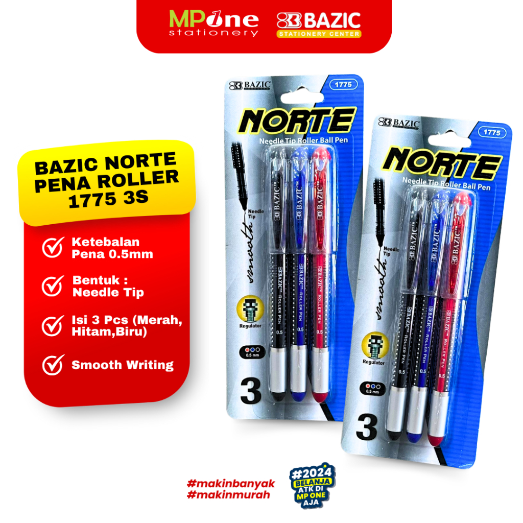 

(1 SHEET) Bazic Pulpen Norte Roller Pen 0.5mm / Roller Pen Isi 3 Pcs Tinta Hitam, Biru, Merah / Pena Norte Bazic