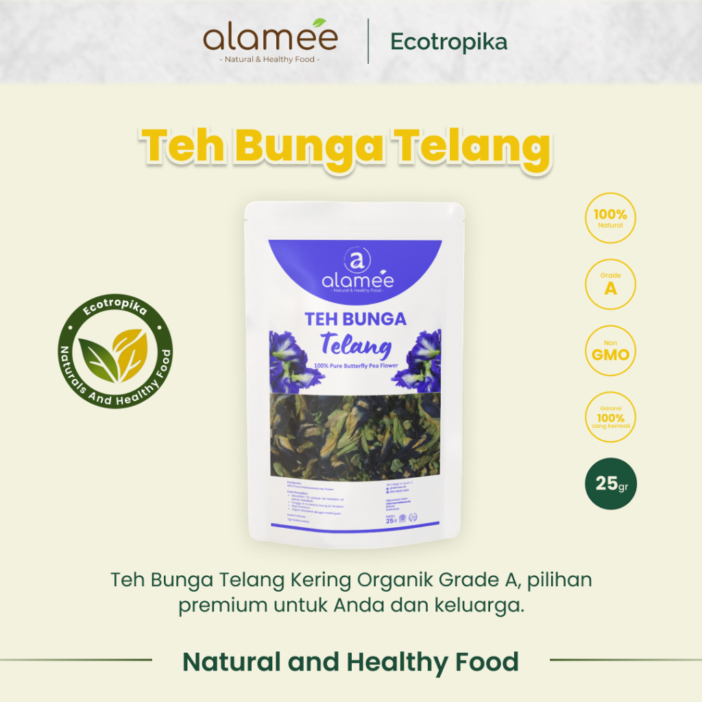 

Teh Bunga Telang Butterfly Pea Tea Kering Organik Herbal Dried Flower Premium Natural Kemasan 25gr