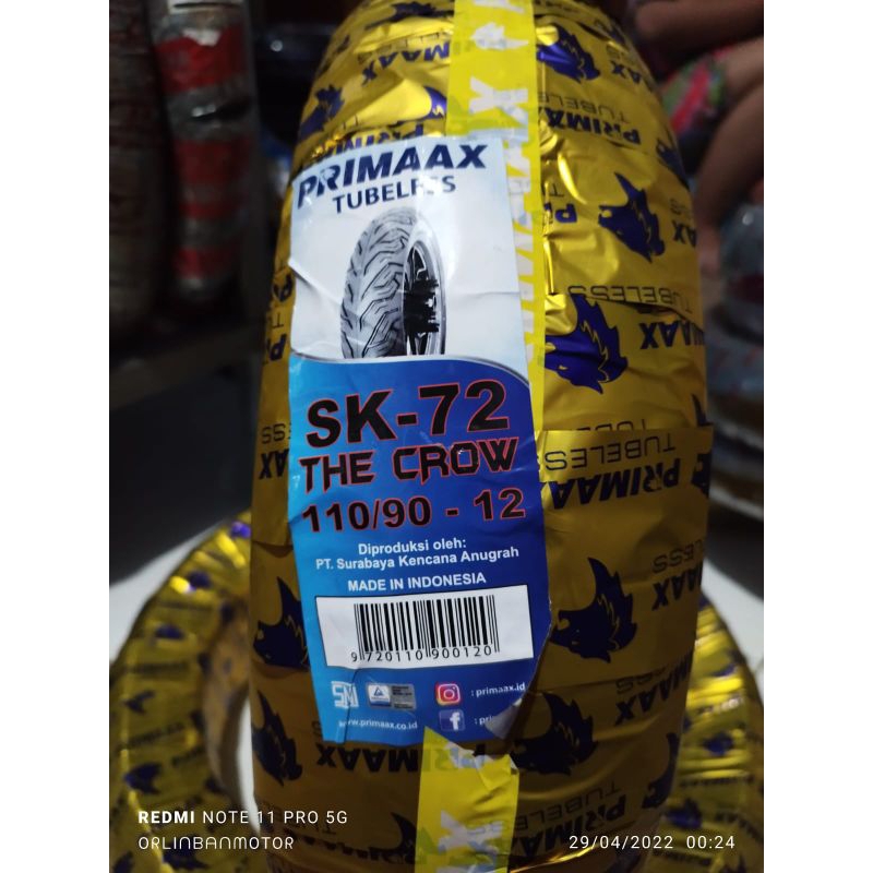 BAN PRIMAX SK72 110/90-12 TUBLES/BAN LUAR PRIMAX BELAKANG NEW SCOOPY/BAN LUAR PRIMAX NEW GENIO/BAN B