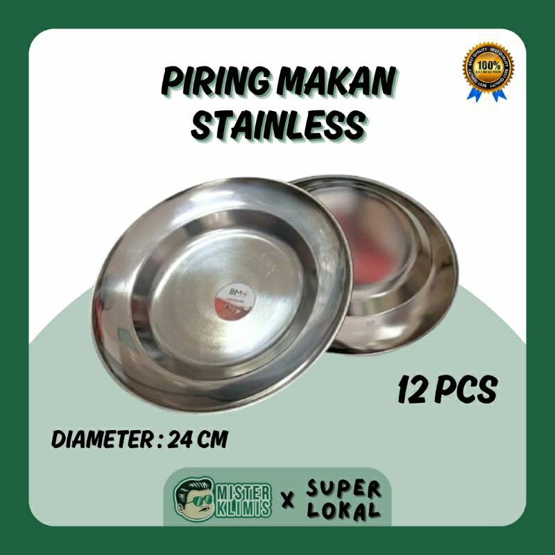 BMW Piring Makan Stainless 1 Lusin dan 6 Pcs Diameter 24 cm / Piring Makan Bahan Tebal