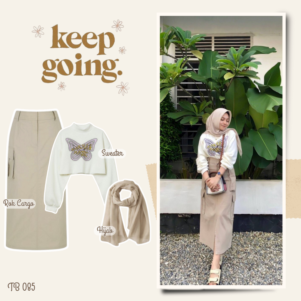 One Set OOTD Kekinian Wanita Berhijab Atasan Sweater Crop Turtleneck Rok Cargo dan Hijab TB 085