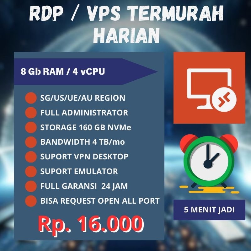 RDP/VPS Harian Termurah 8GB RAM / 4 vCPU