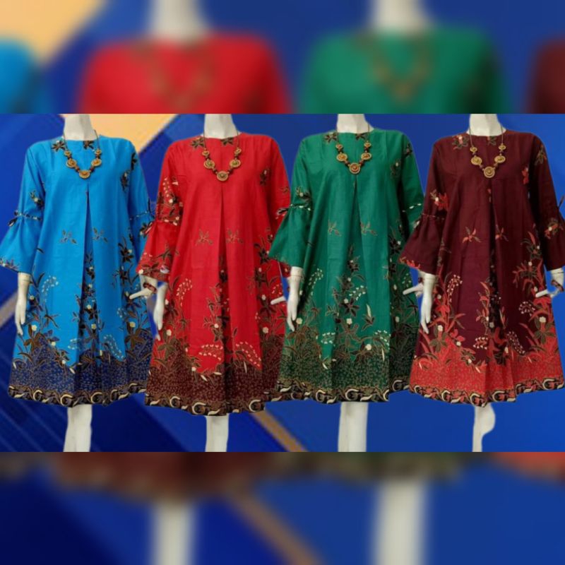 Tunik Batik Wanita Modern Model Lengan Terompet Pita Warna Merah Muda Merah Tua/Maroon Biru dan Hija