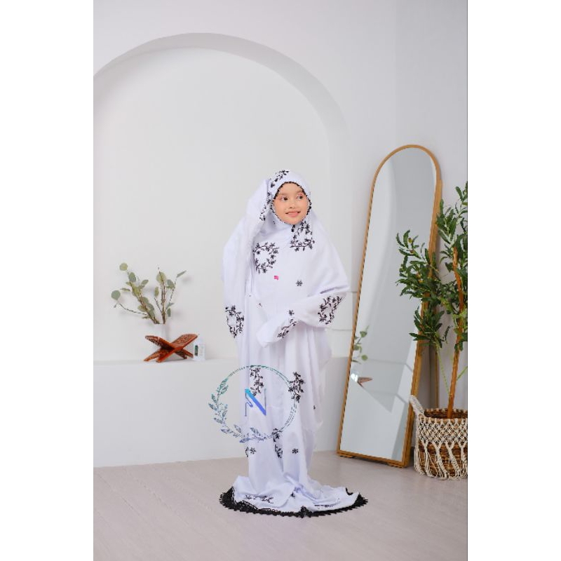 Mukena Terusan Anak Tanggung Remaja Mukena Langsungan Mukena Putih Bordir Bunga Camelia