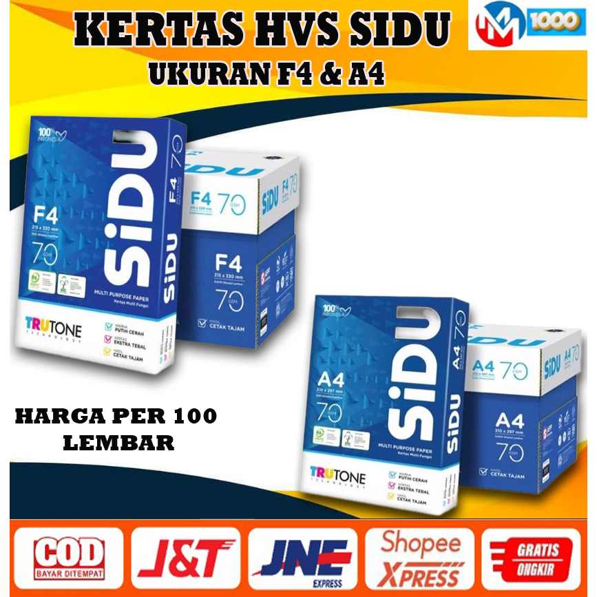 

KERTAS HVS SIDU A4 DAN F4 (PER 100 LEMBAR) / HVS ECER