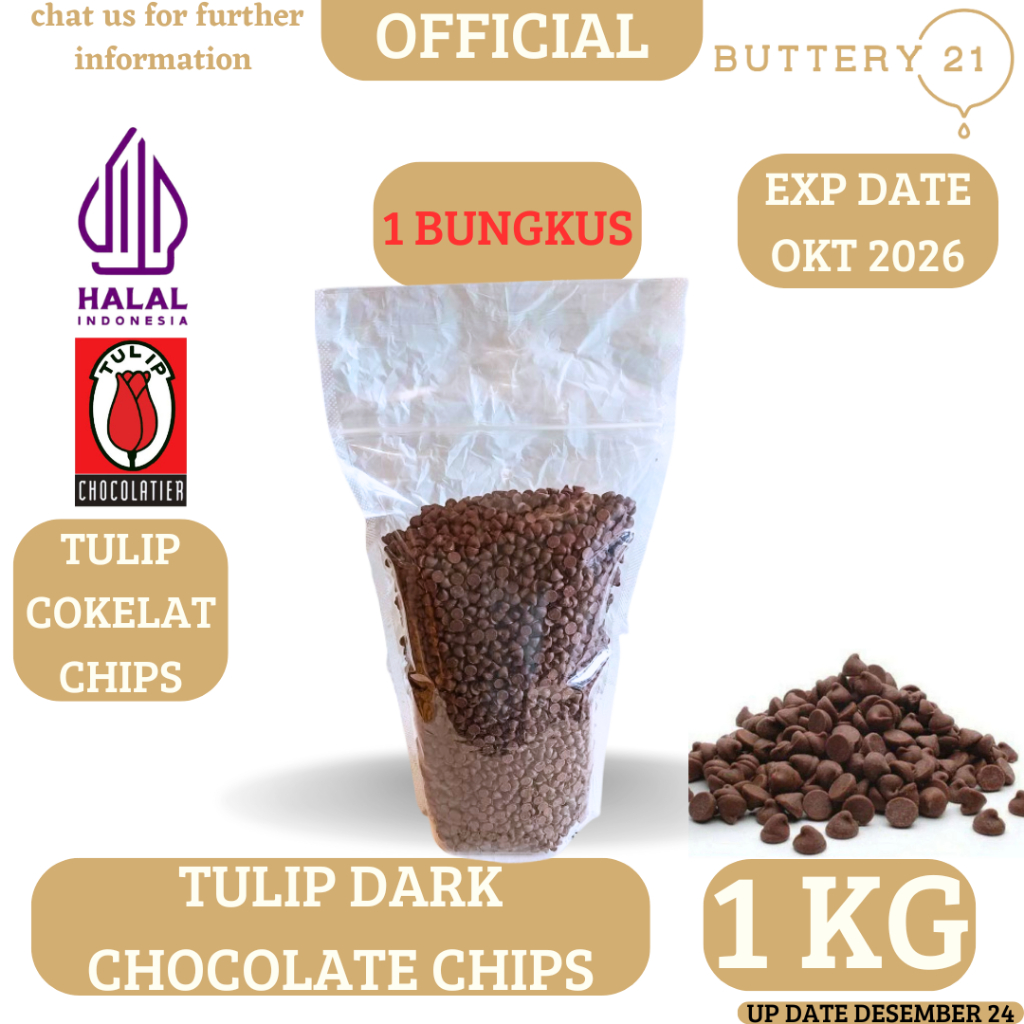 

TULIP DARK CHOCOLATE CHIPS REPACK 1 KG, 500 GR, 250 GR/CHOCO CHIPS/TULIP CHIPS/TULIP COKELAT CHIPS/TULIP BUTIR