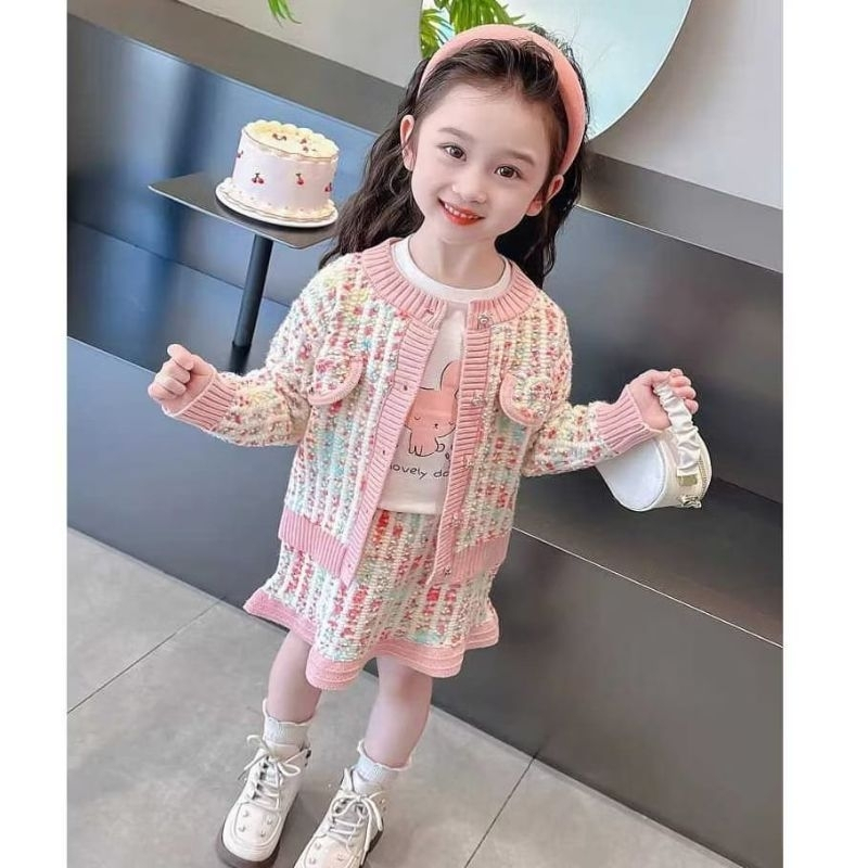 ALICE GIRL SET Baju Anak Perempuan Set Rajut Knit Premium Tebal Sweater Cardigan Lengan Panjang Dan 