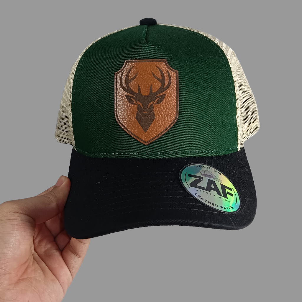 Topi Distro Jaring Trucker Premium Logo DEER RUSA JANTAN Leather Phatch Emblem Kulit Asli