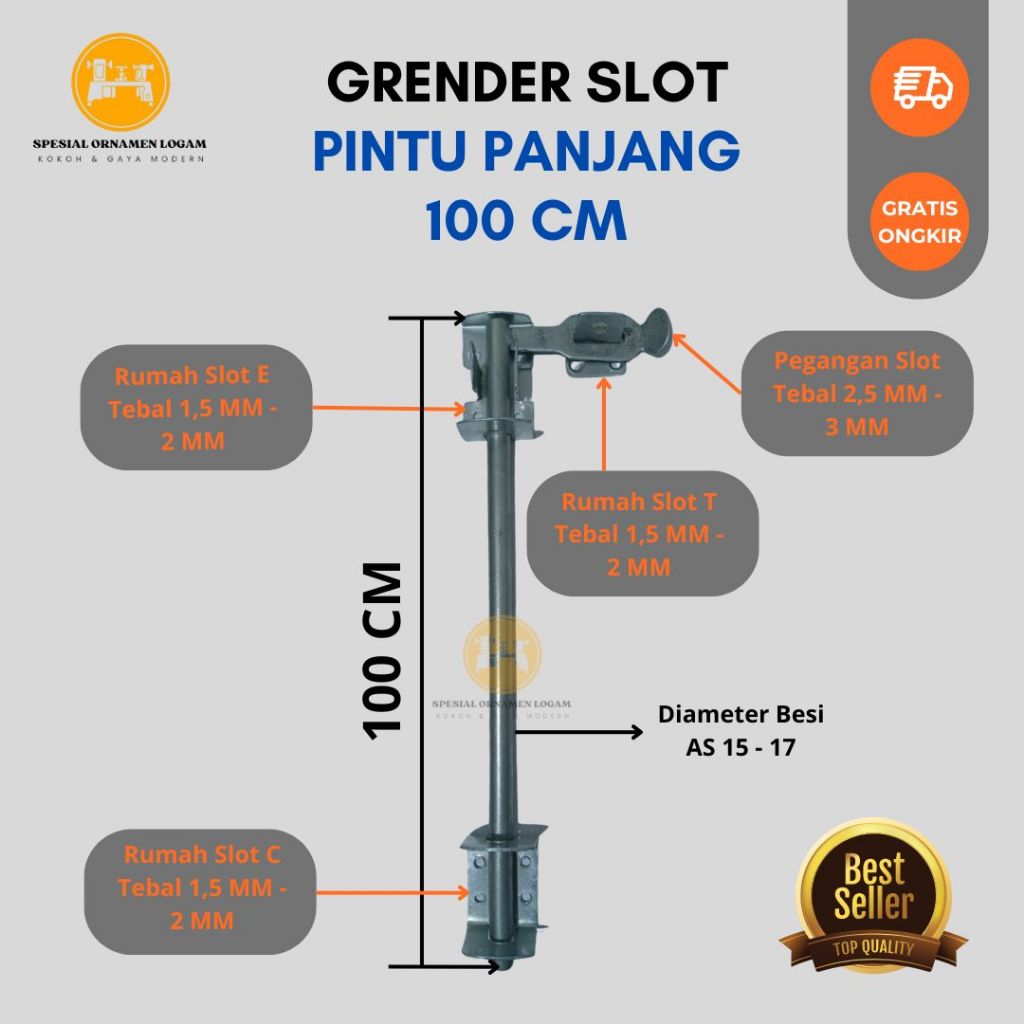 Slot Bawah Panjang 100 cm / Grendel Pintu Henderson / Pintu Gebyog