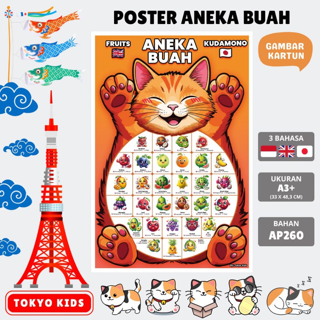 Tokyokidz Poster Edukasi Anak Mengenal Berbagai Macam Buah-Buahan Dan Dilengkapi Dengan 3 Bahasa
