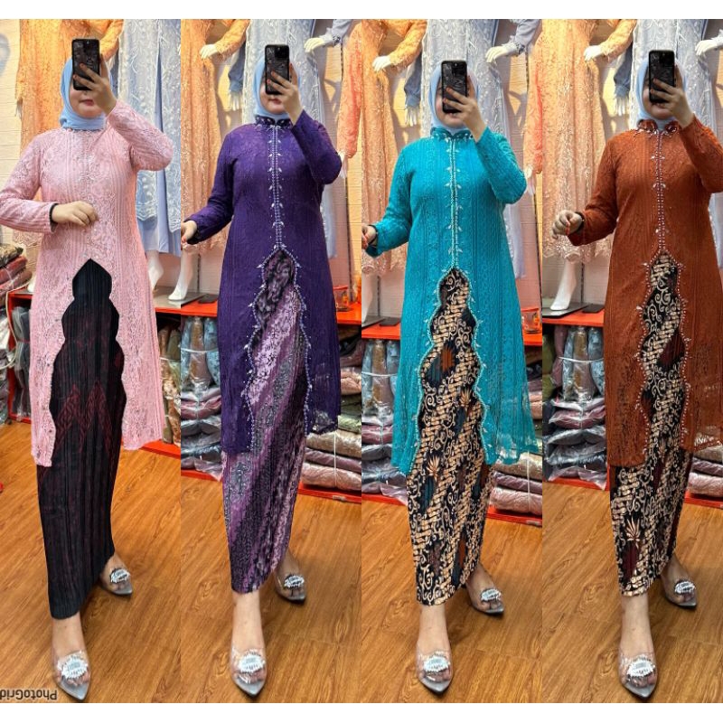 SET KEBAYA TUNIK BROKAT MUTIARA PREMIUM ROK PLISKET