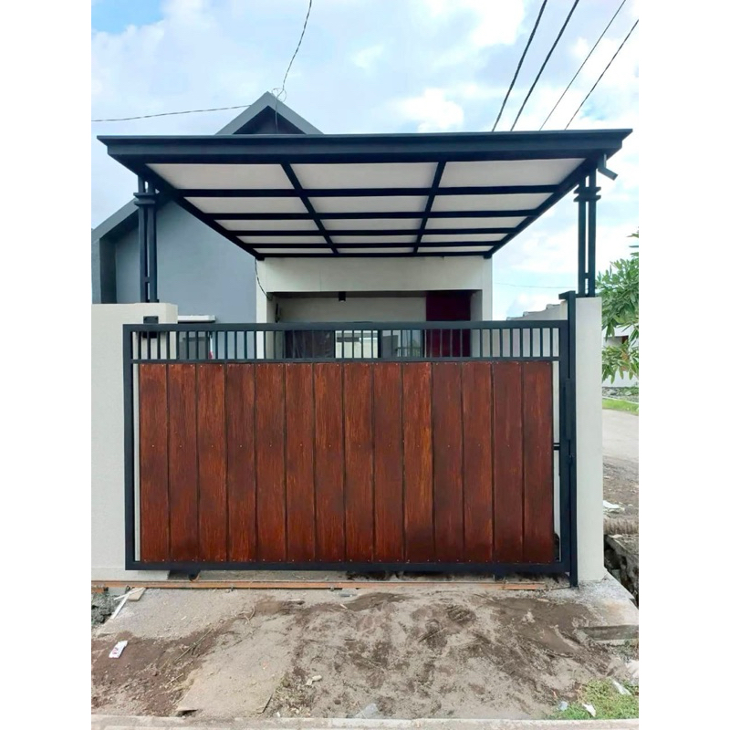 Pagar Rumah Dorong Motif Kayu GRC Minimalis Cat Warna Coklat