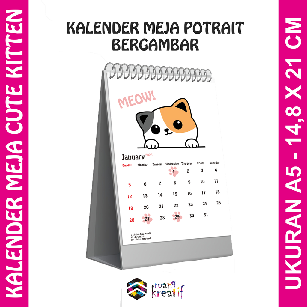 

[ Ruang Kreatif] Kalender Meja 2025 Cute Kitten - Kalender Duduk - Kalender | Ukuran A5 - 14,8 x 21 cm | Versi Portrait | Lucu dan Unik
