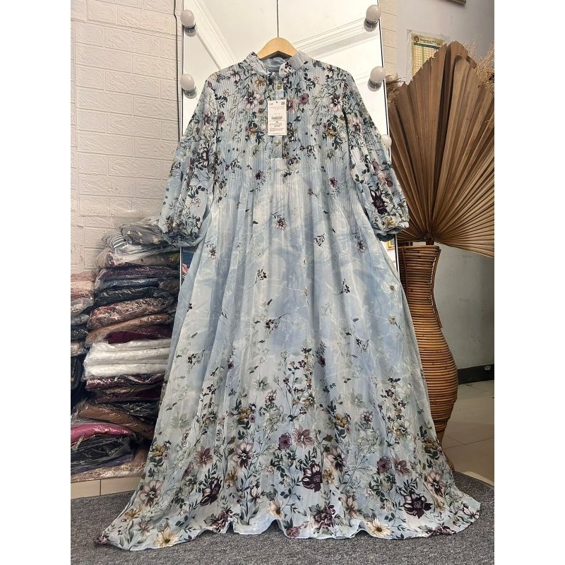 Gamis Ceruty Plisket Premium/Gamis Motif Bunga/Gamis Lebaran/Gamis Pesta