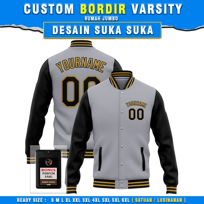 Jaket Varsity Custom Bordir satuan SILVER HITAM jaket seragam custom desain sendiri