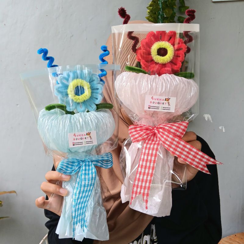 Buket Bunga Single Kawat Bulu Cute Murah / Pipe Cleaner Flower Bouquet S Bucket Wisuda Ulang Tahun M