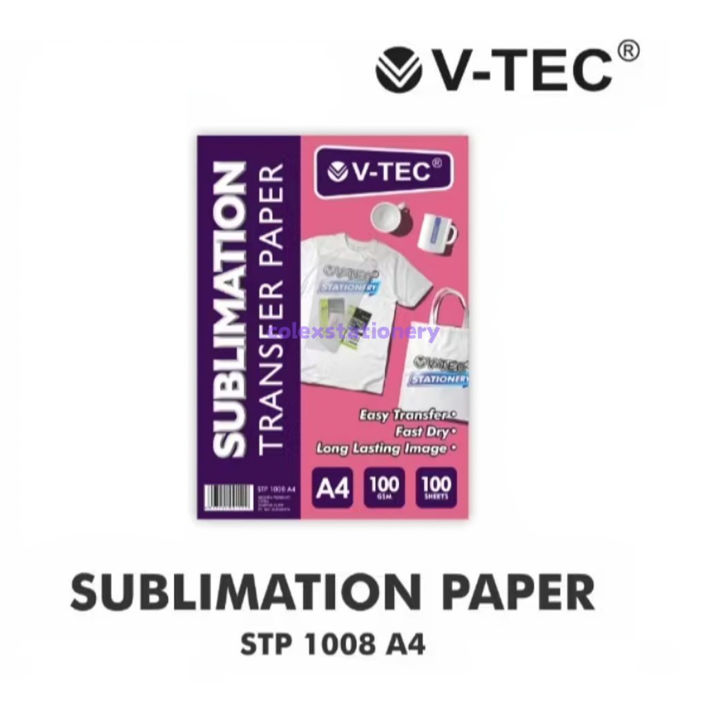 

Kertas Sablon Sublim / Sublimation Transfer Paper Ukuran A4 Isi 100 Lembar 100 Gsm High Quality Vtec