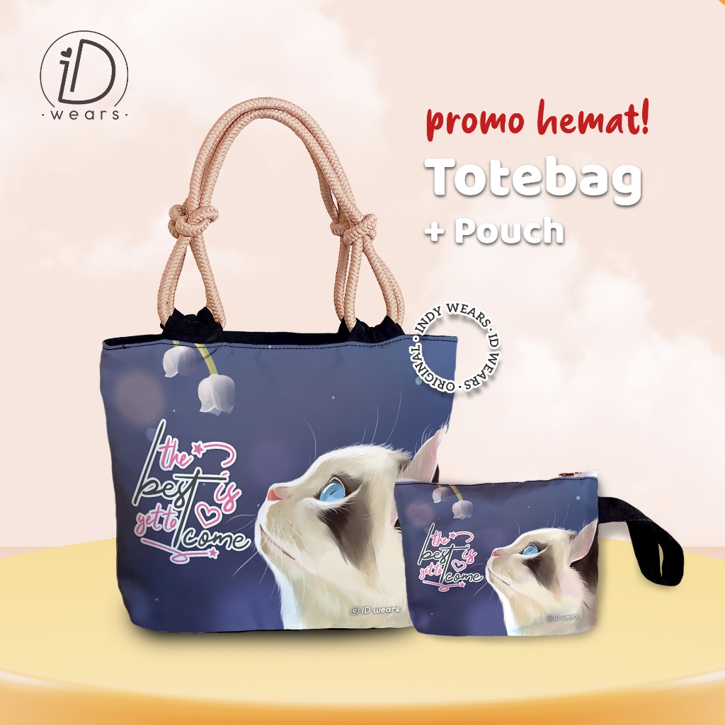 [PROMO TAS + POUCH] Tote Bag Lucu Motif Karakter Kucing & Beruang - Printing, Real Pict, Original - 