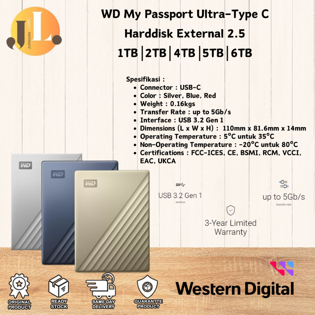 WD My Passport Ultra 1TB - 6TB HDD USB Type C Harddisk External 2.5" Blue - Silver - Gold