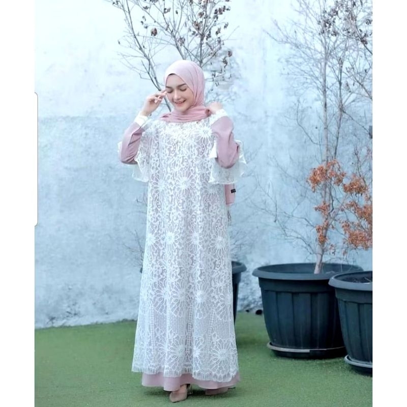 DRESS MAXI WANITA / MAHENDRA DRESS / MAXI DRESS PESTA / DRESS KONDANGAN / GAMIS BROKAT Putih / GAMIS