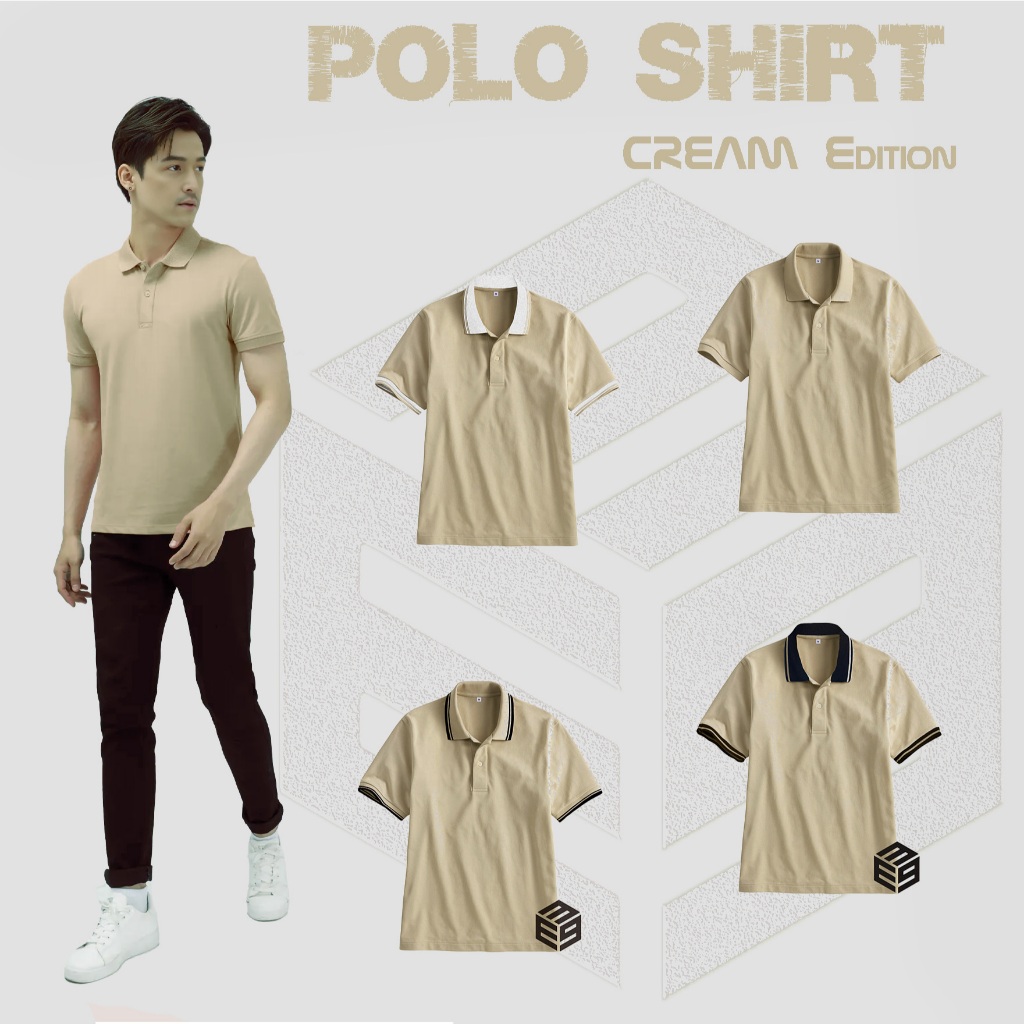 E39 FASHION - Kaos Polo Shirt Polos Kerah Kombinasi List GarisLengan Pendek Reguler Fit - Cream