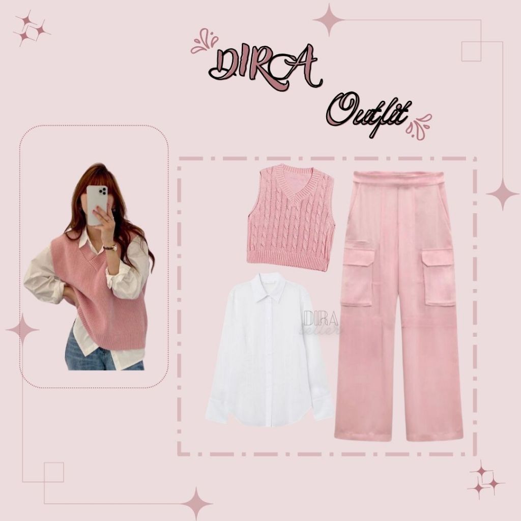 DR 457 - outfit dira kemeja basic polos vest cable pink dan celana cargo fleece pink oneset 3in1 wan