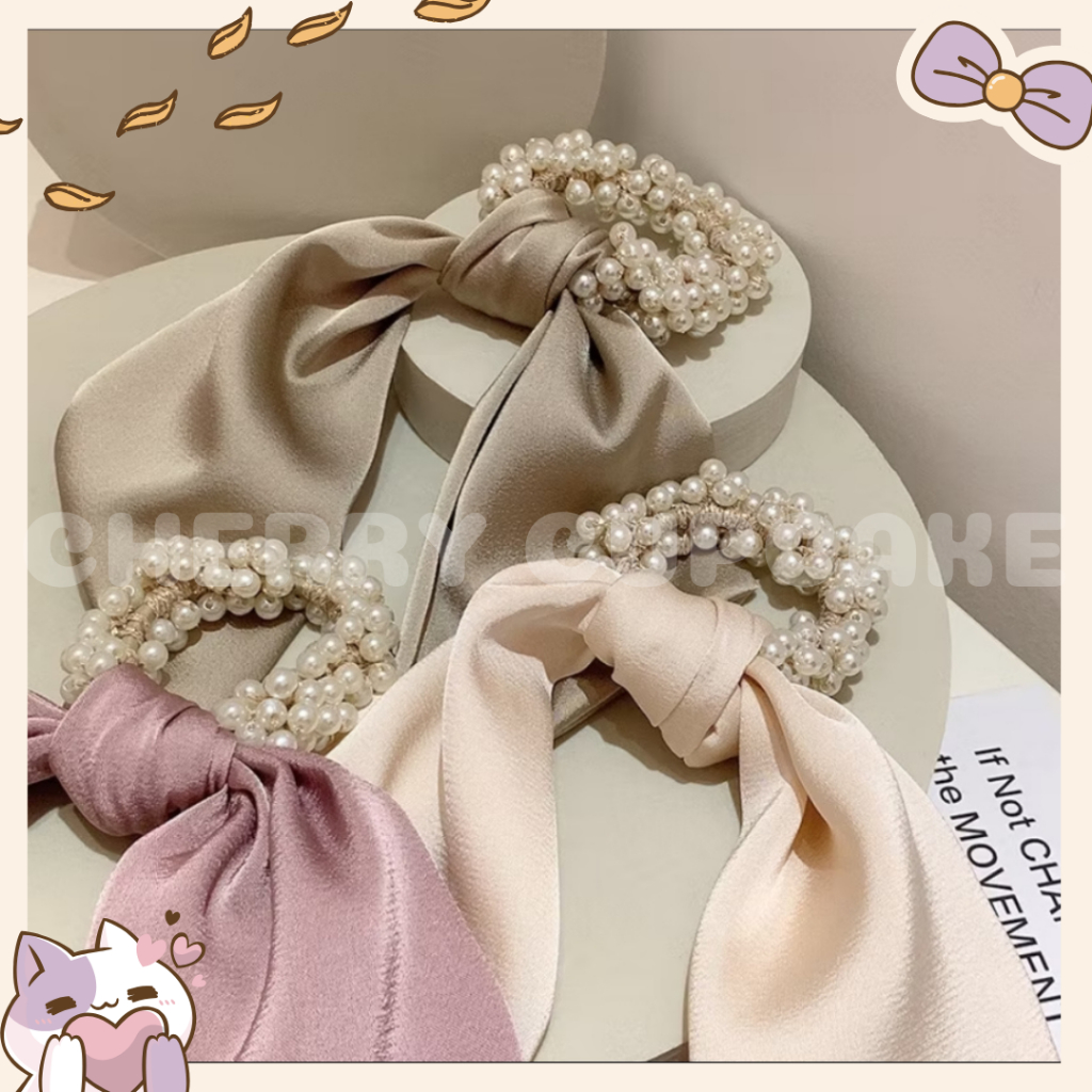 Kunciran Rambut Mutiara dan Pita Motif Kain Polos | Ikat Tali Elastis | Aksesoris Lucu | Gaya Korea