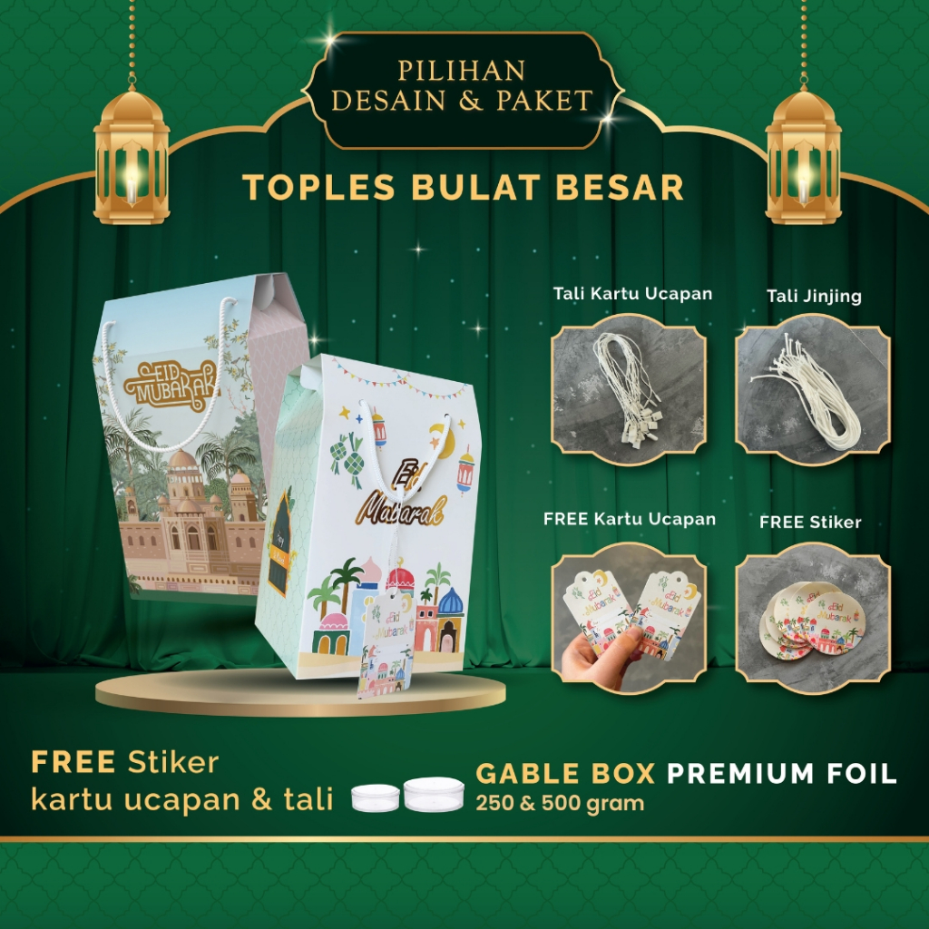 

Gable box kotak hampers lebaran idul fitri toples bulat besar premium finishing foil gold timbul ukuran (14,5x14,5x25 cm) muat toples bulat (250gr : 5 toples) atau (500gr : 3 toples)