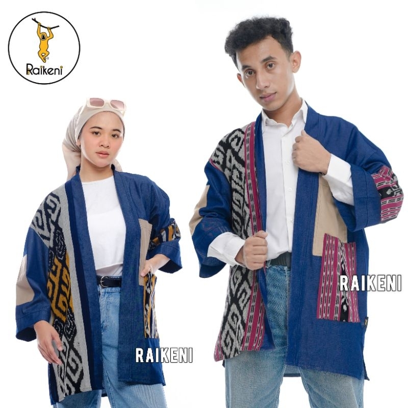 RAIKENI Kimono Jiinzu | Outer Jepang Jeans | Kimono Jeans Tenun Batik | Outer Kimono Jepang Jeans