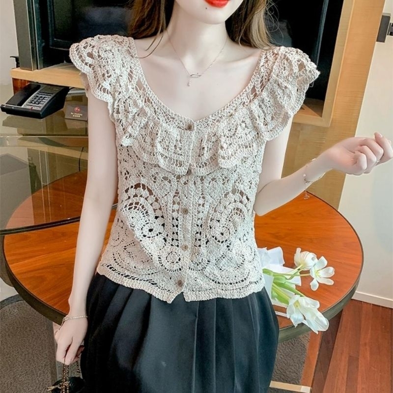 42550 Baju atasan blouse CINDERINA CROCHET TOP VNECK blus lengan pendek bordir bunga putih krem Kore