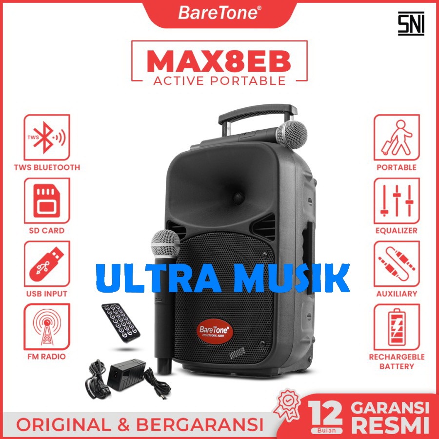 Portable Speaker Baretone Max-08EB Max08EB 8" Speaker Bluetooth 60watt